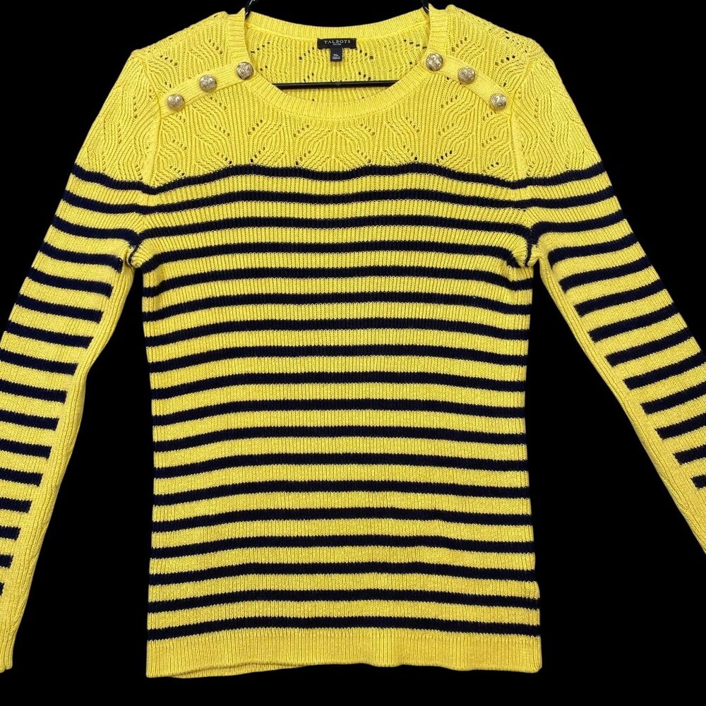 Talbots Yellow & Navy Striped Sweater With Gold Button Detail  Petite Medium